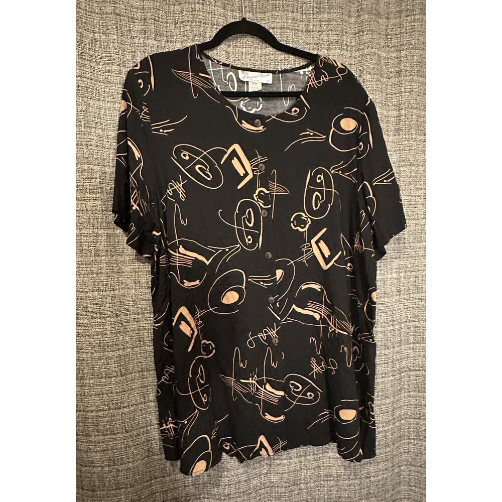 A Personal Touch VTG  Black & Brown Artistic Pattern Button Front Tunic 2X USA